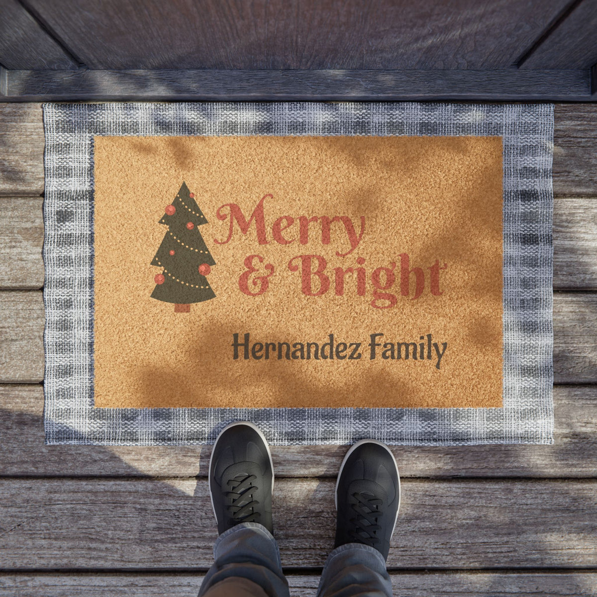Merry & Bright Personalized Doormat — Custom Family Christmas Welcome Mat