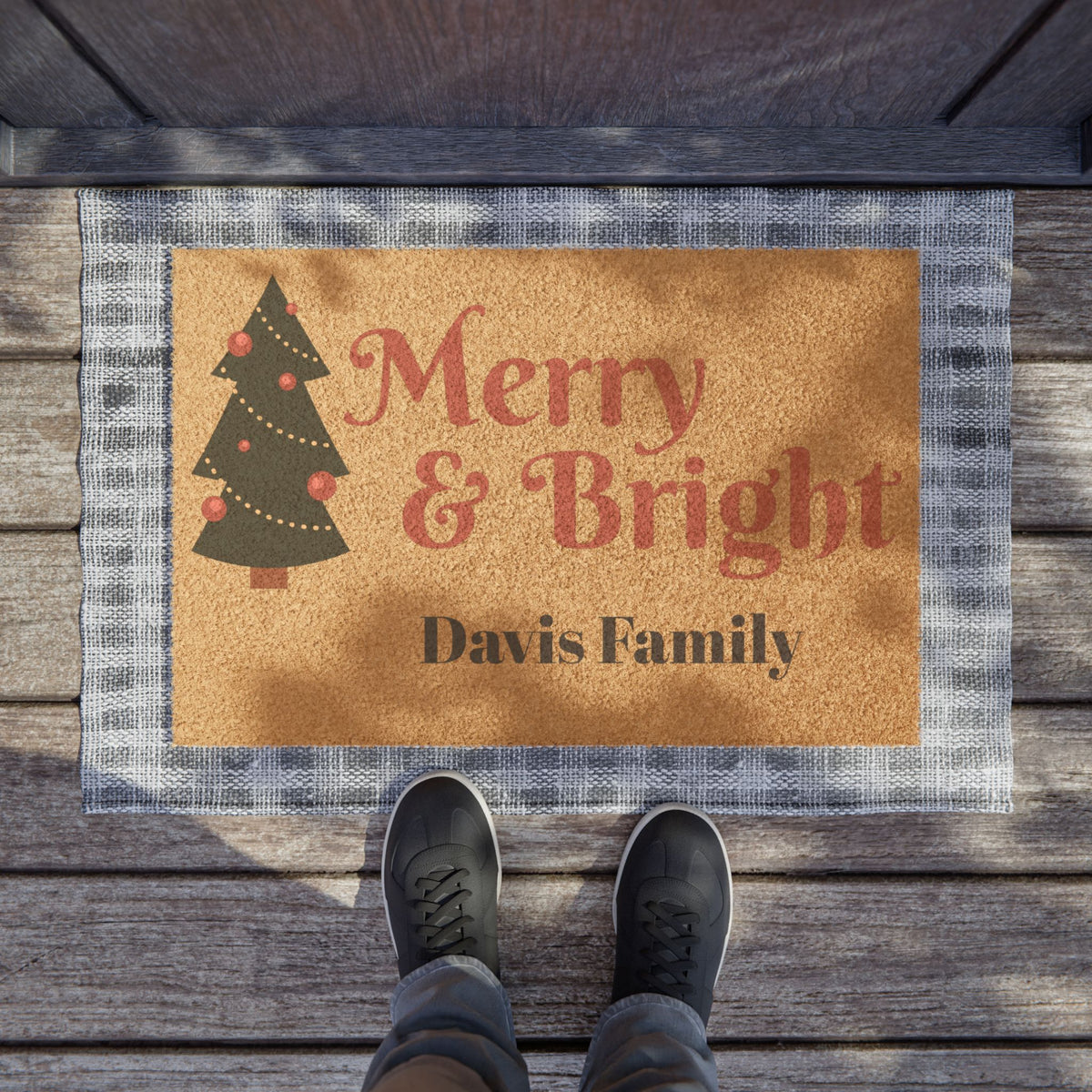 Merry & Bright Personalized Doormat — Custom Family Christmas Welcome Mat