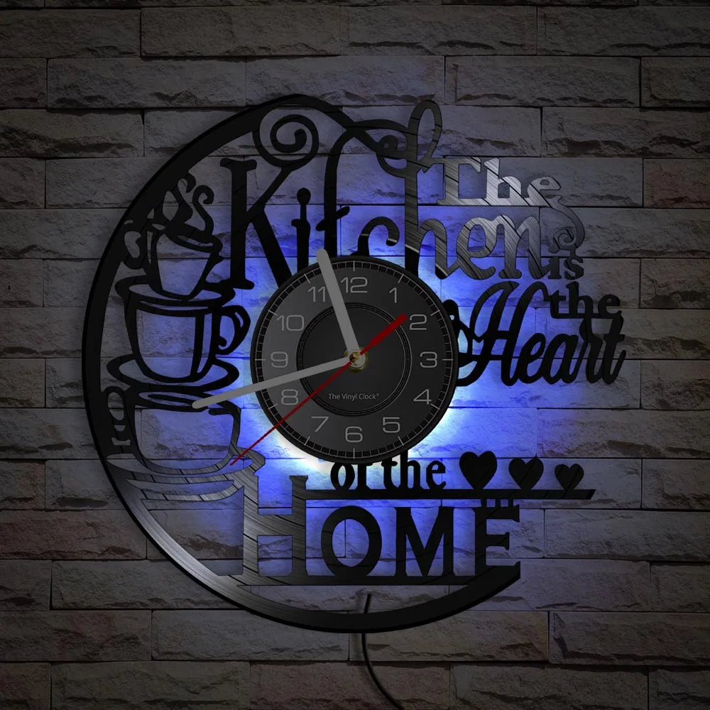 Kitchen-Themed Vinyl Record Wall Clock, 12-Inch, Optional LED Backlight