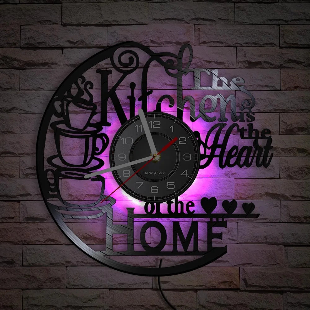 Kitchen-Themed Vinyl Record Wall Clock, 12-Inch, Optional LED Backlight