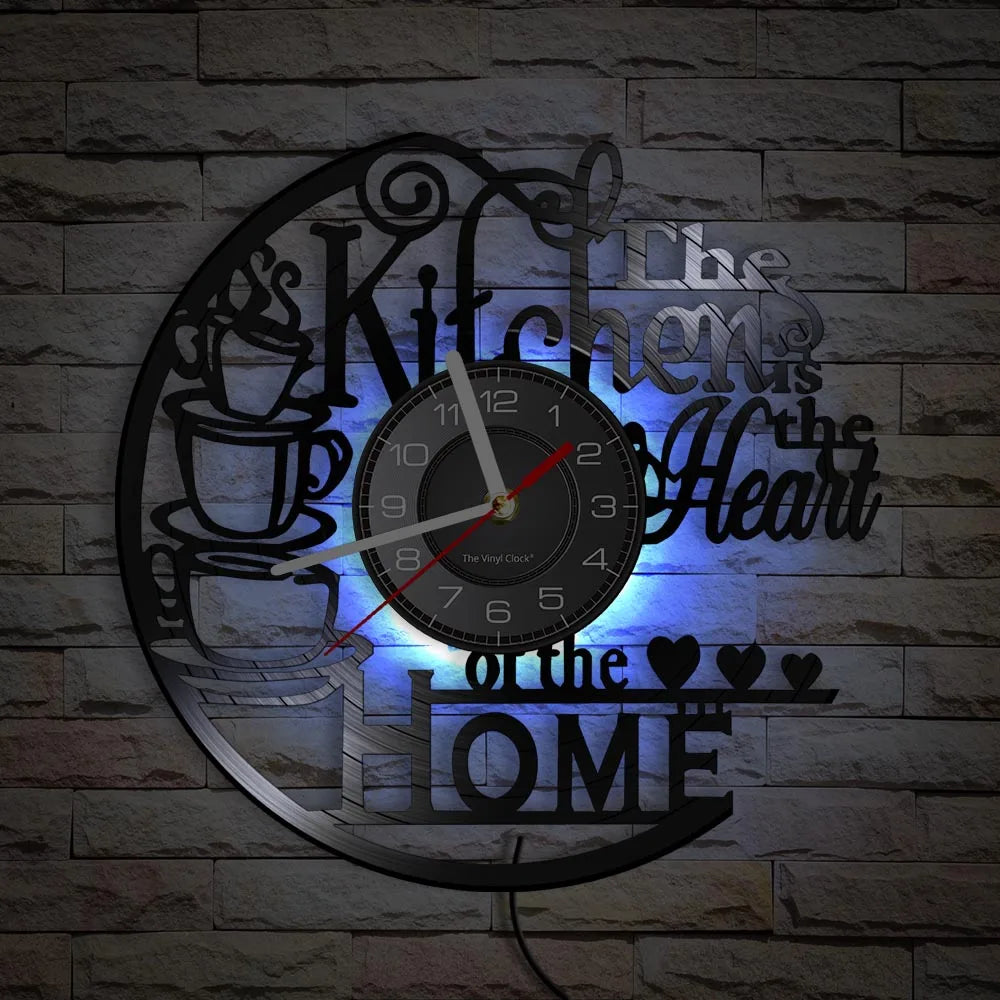 Kitchen-Themed Vinyl Record Wall Clock, 12-Inch, Optional LED Backlight