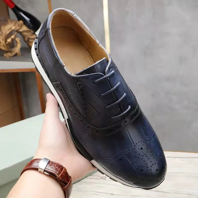 Genuine Leather Retro Business Dress Men Shoes Breathable Oxford Brogue Formal Office Comfort Height Increasing