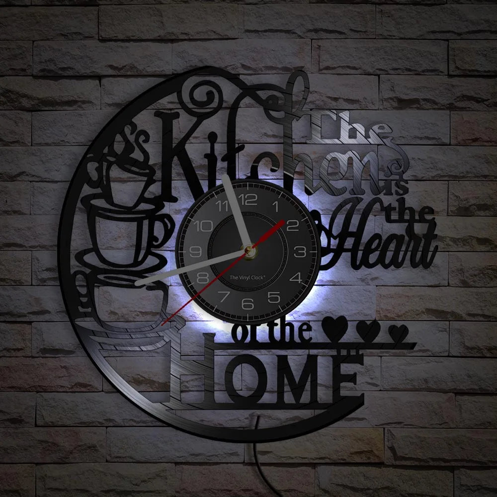 Kitchen-Themed Vinyl Record Wall Clock, 12-Inch, Optional LED Backlight