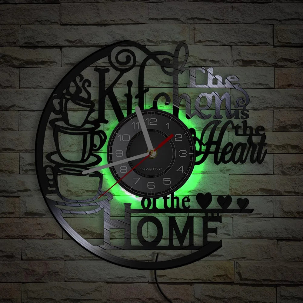 Kitchen-Themed Vinyl Record Wall Clock, 12-Inch, Optional LED Backlight