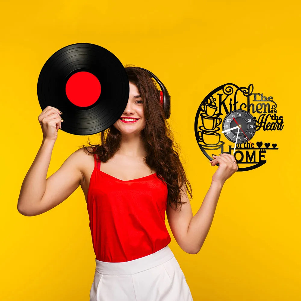 Kitchen-Themed Vinyl Record Wall Clock, 12-Inch, Optional LED Backlight