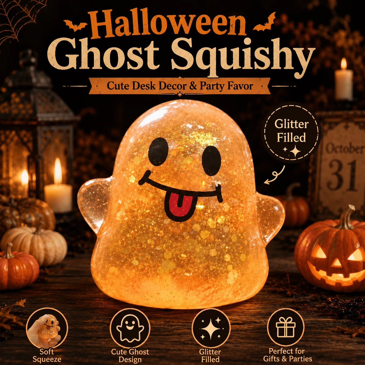 Glitter Halloween Ghost Squeeze Fidget Toy, Soft TPR Stress Reliever