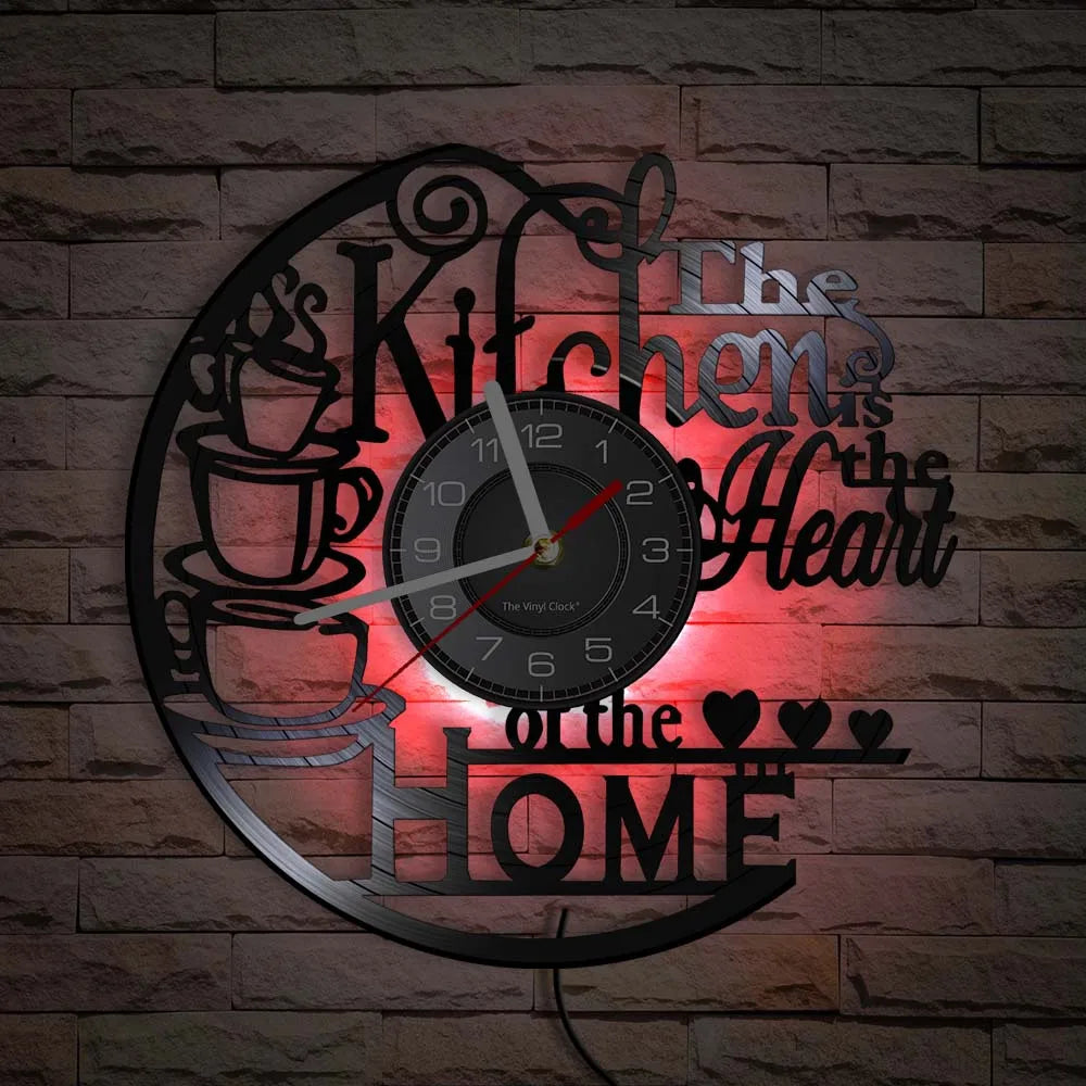 Kitchen-Themed Vinyl Record Wall Clock, 12-Inch, Optional LED Backlight