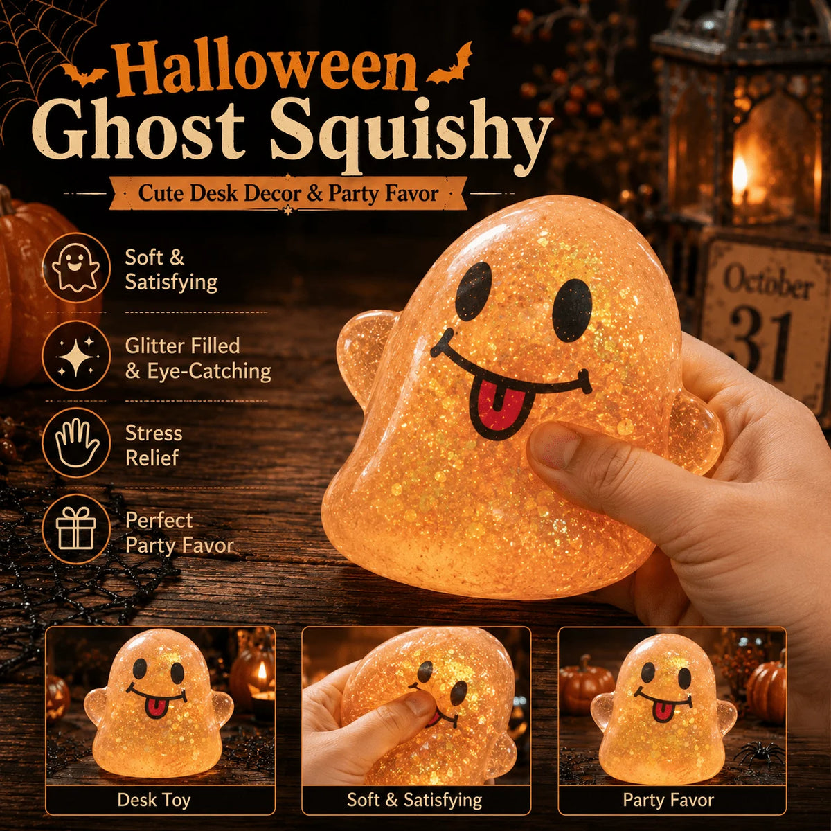Glitter Halloween Ghost Squeeze Fidget Toy, Soft TPR Stress Reliever