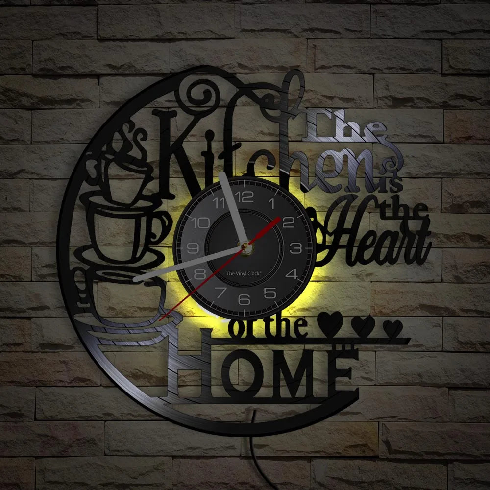 Kitchen-Themed Vinyl Record Wall Clock, 12-Inch, Optional LED Backlight