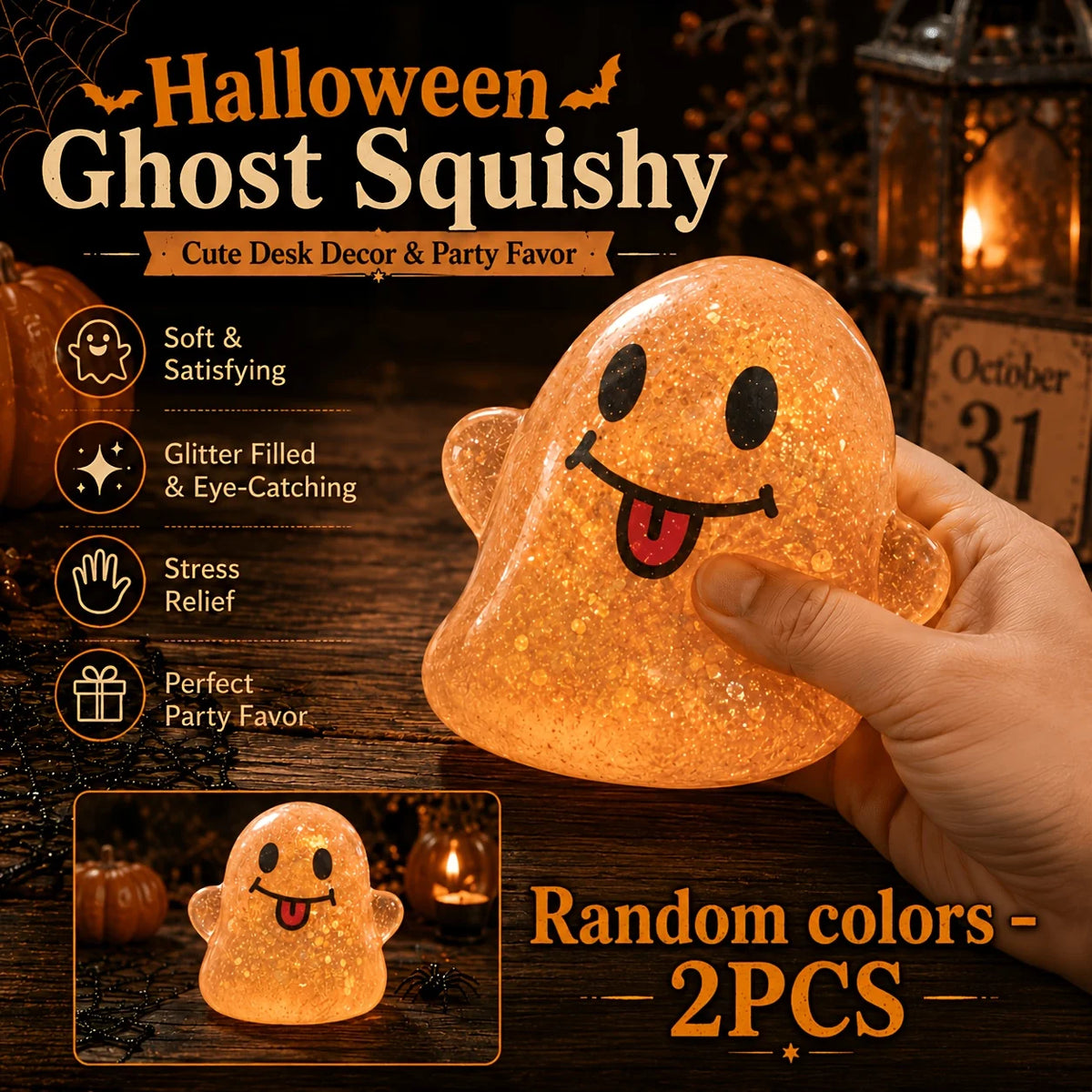 Glitter Halloween Ghost Squeeze Fidget Toy, Soft TPR Stress Reliever