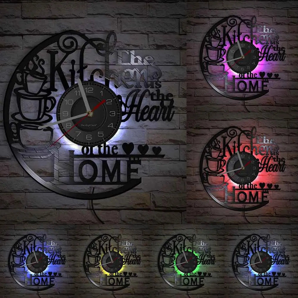 Kitchen-Themed Vinyl Record Wall Clock, 12-Inch, Optional LED Backlight