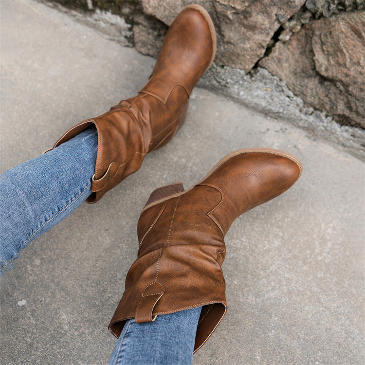 Women’s Pleated Western Boots with Block Heel