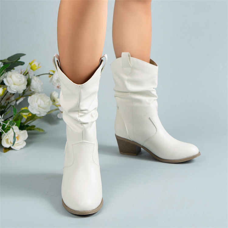 Women’s Pleated Western Boots with Block Heel