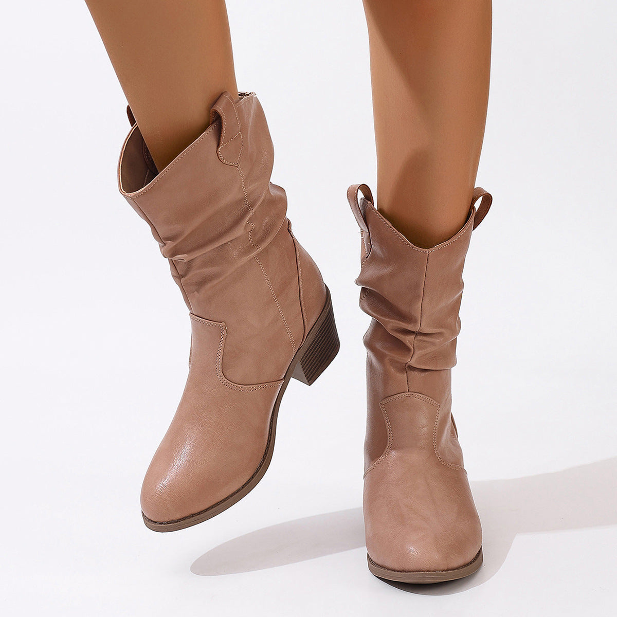 Women’s Pleated Western Boots with Block Heel