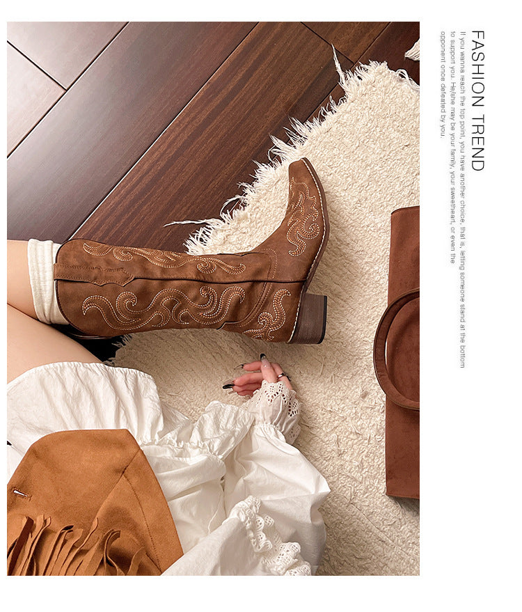 Women’s Embroidered Mid-Calf Boots with Block Heel