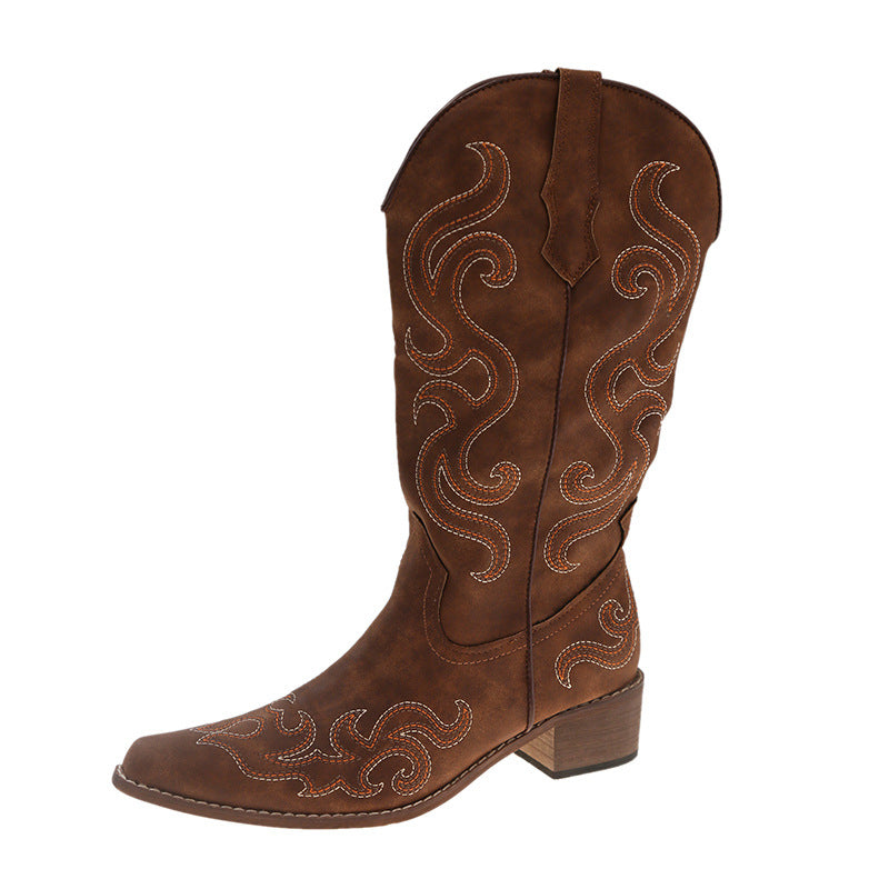Women’s Embroidered Mid-Calf Boots with Block Heel