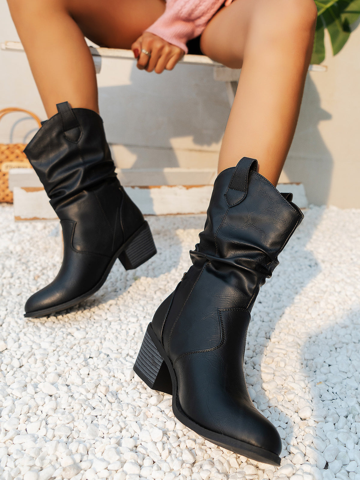 Women’s Pleated Western Boots with Block Heel