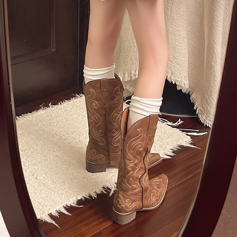 Women’s Embroidered Mid-Calf Boots with Block Heel