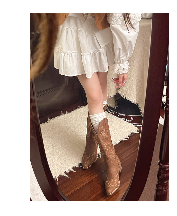 Women’s Embroidered Mid-Calf Boots with Block Heel