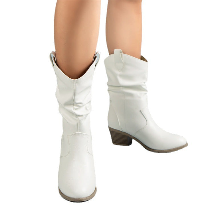 Women’s Pleated Western Boots with Block Heel