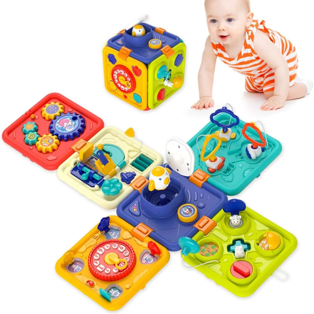 6 in 1 Baby Learning Activity Cube Busy Board Montessori Sensory Toys with Music & Lights for Boy Girl Toddler Educational Toys