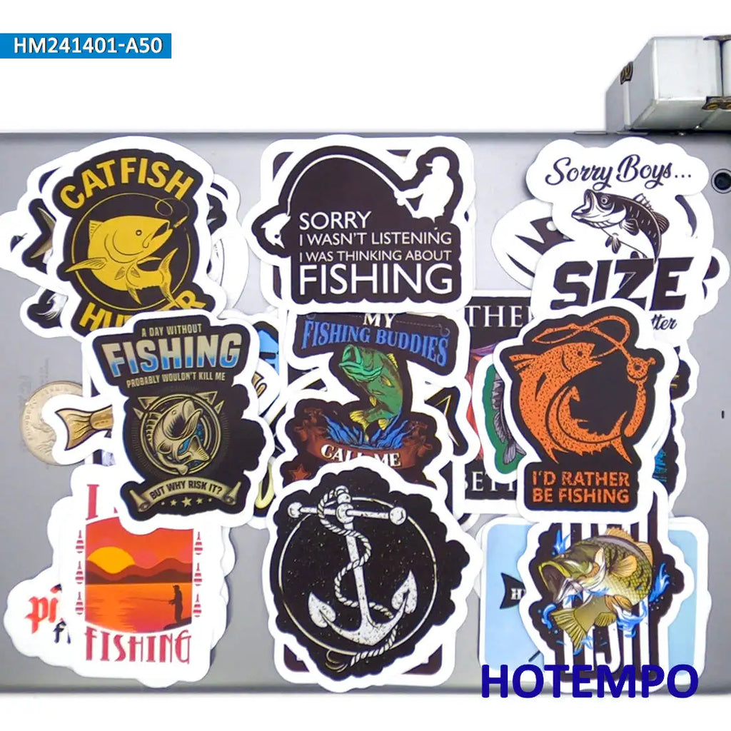 Funny Fishing Slogan Stickers, Waterproof 20-, 30-, or 50-Piece Sets