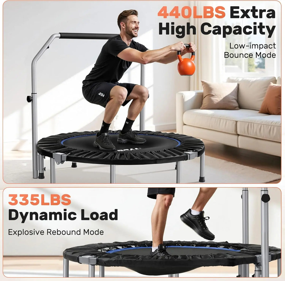 Foldable Mini Trampoline Rebounder with Adjustable Handle, 40 or 48 in