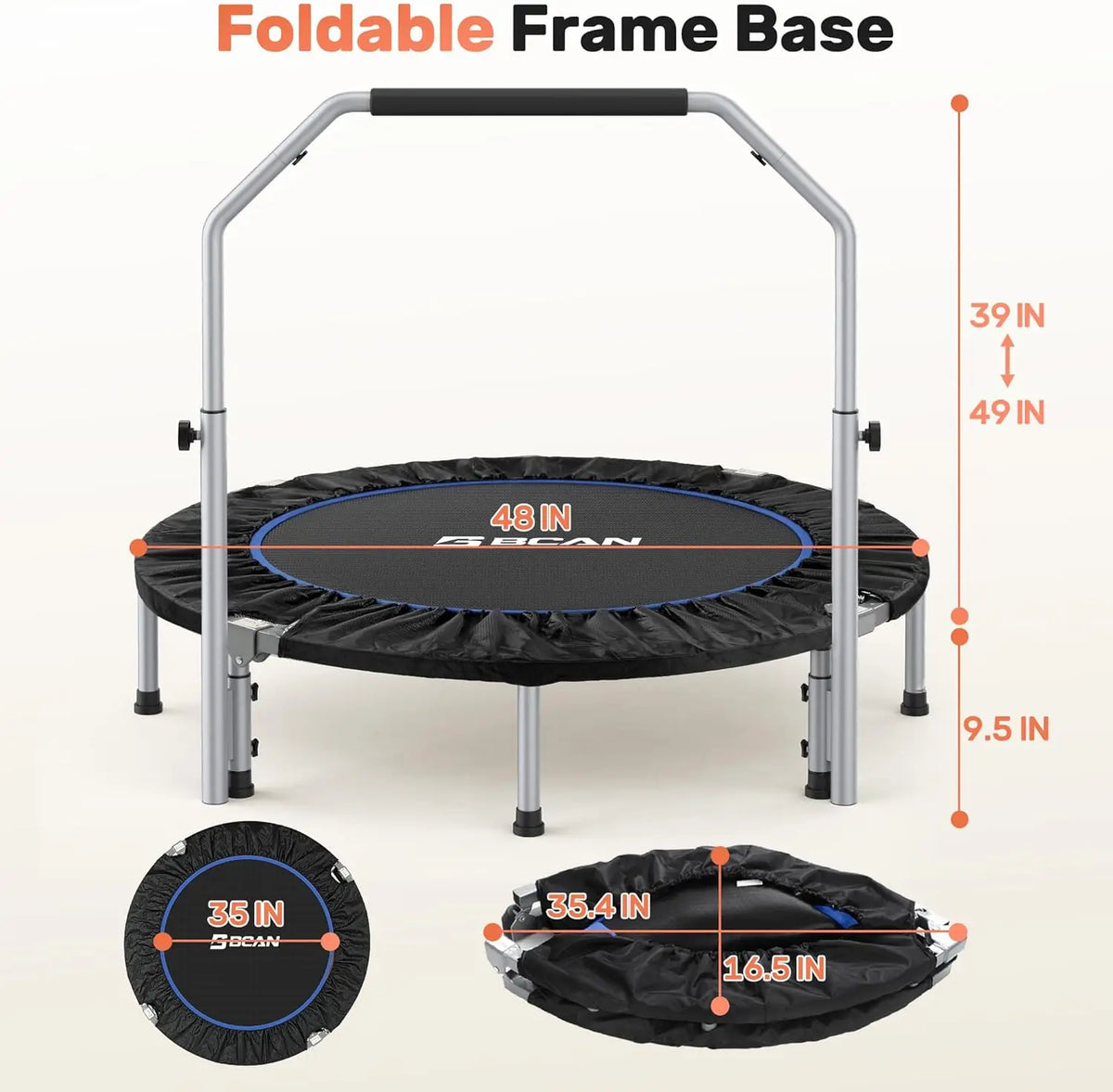 Foldable Mini Trampoline Rebounder with Adjustable Handle, 40 or 48 in