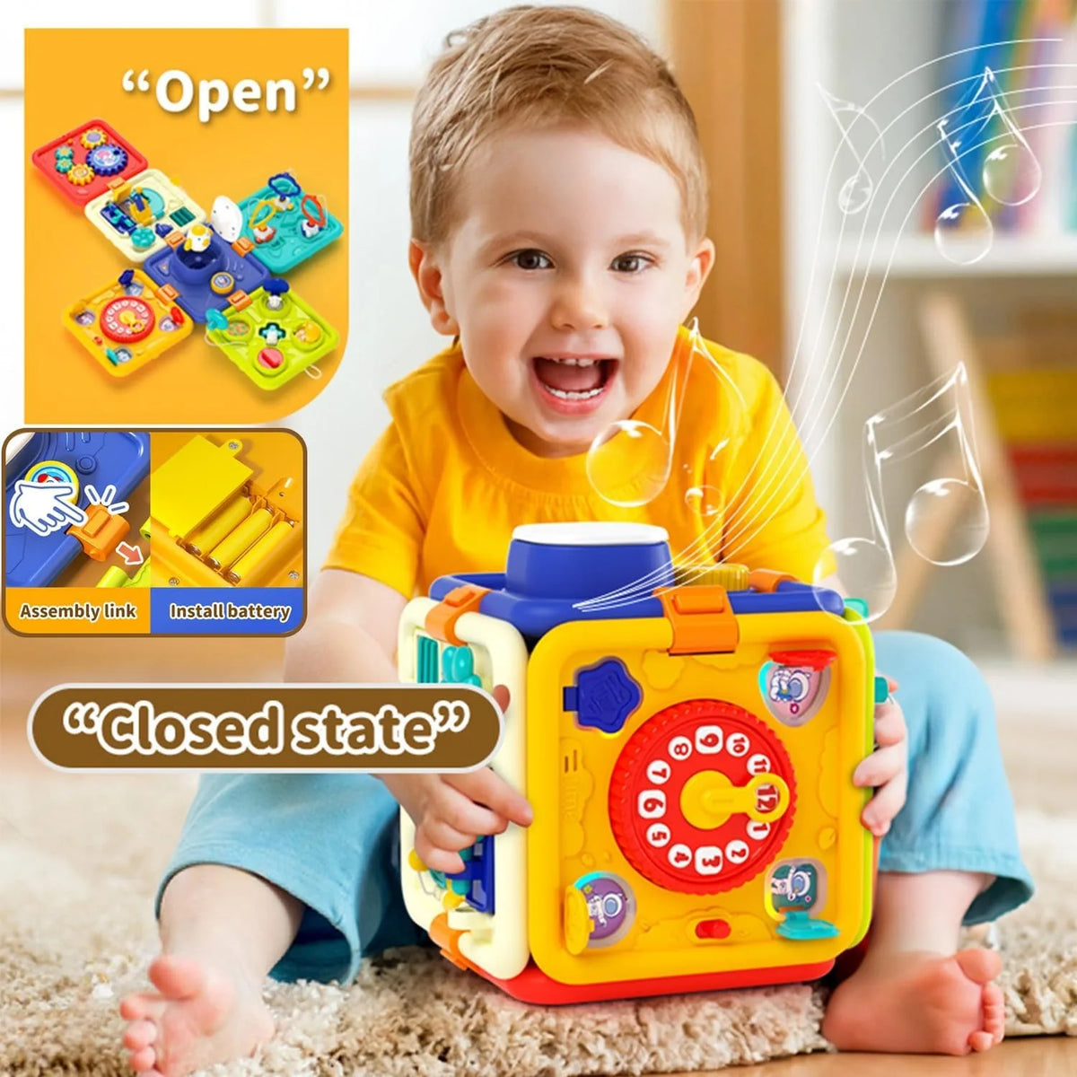 6 in 1 Baby Learning Activity Cube Busy Board Montessori Sensory Toys with Music & Lights for Boy Girl Toddler Educational Toys