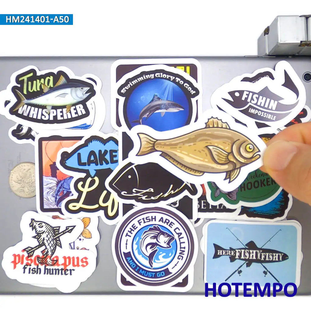 Funny Fishing Slogan Stickers, Waterproof 20-, 30-, or 50-Piece Sets