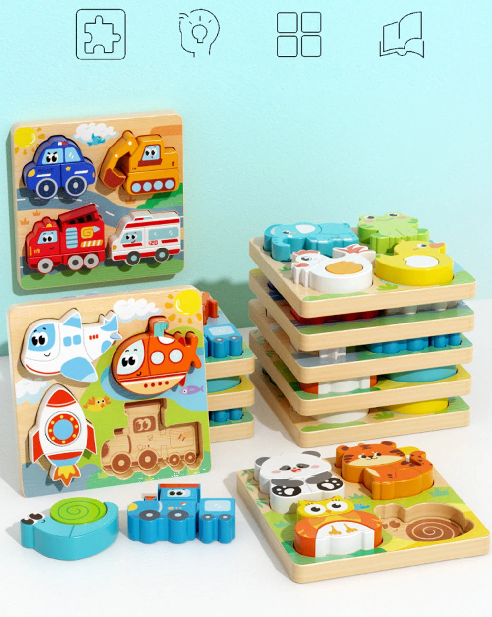 4-in-1 Wooden Animal Puzzle, Chunky 3D Educational Toy