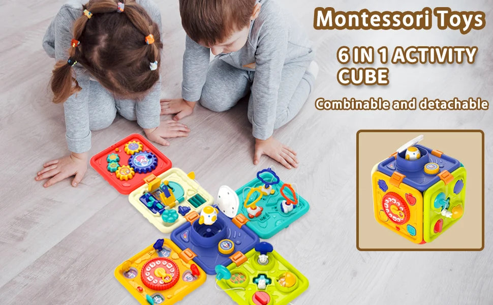 6 in 1 Baby Learning Activity Cube Busy Board Montessori Sensory Toys with Music & Lights for Boy Girl Toddler Educational Toys