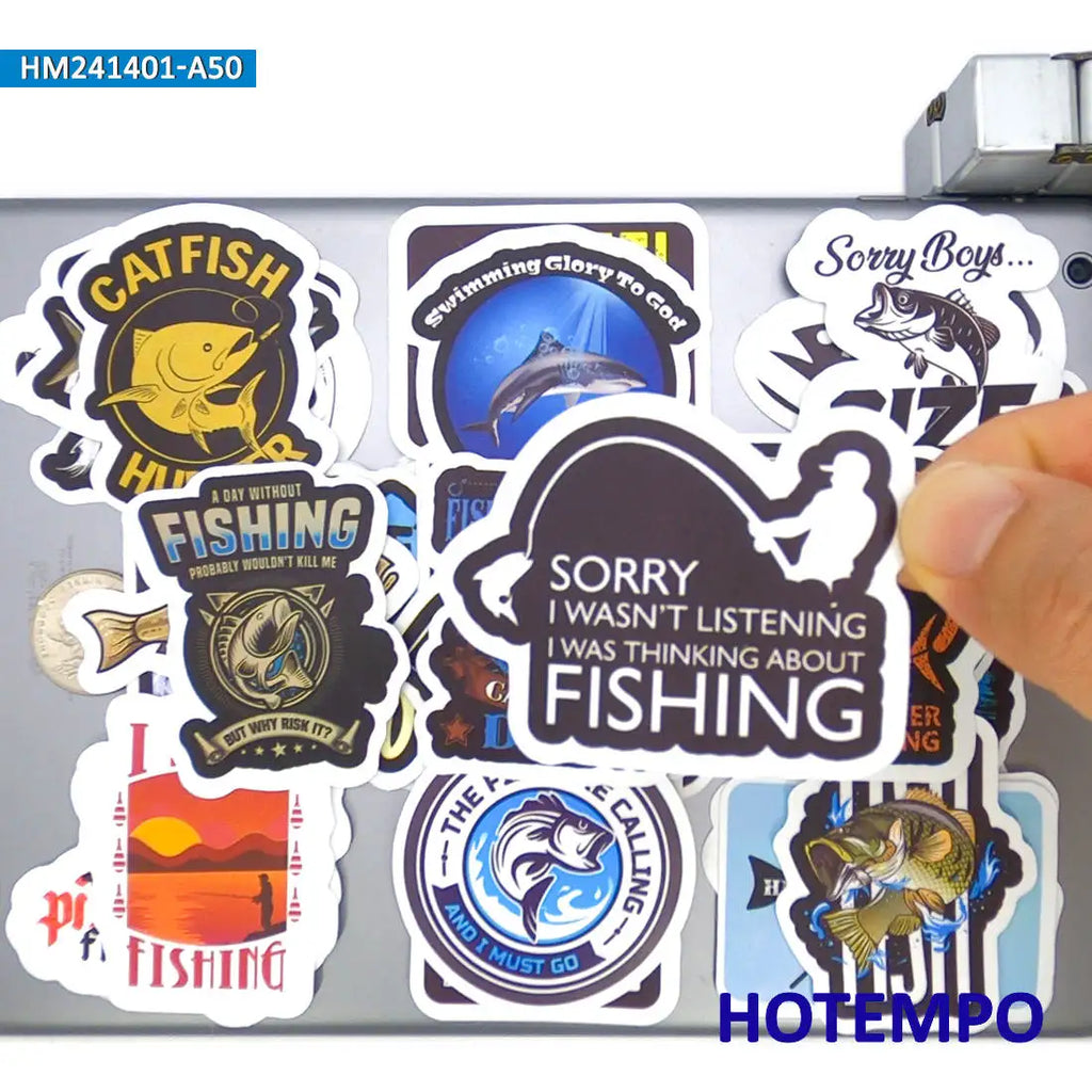 Funny Fishing Slogan Stickers, Waterproof 20-, 30-, or 50-Piece Sets