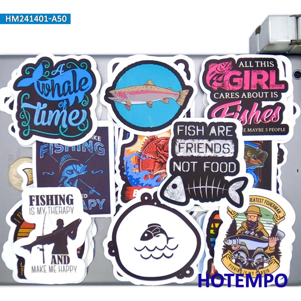 Funny Fishing Slogan Stickers, Waterproof 20-, 30-, or 50-Piece Sets