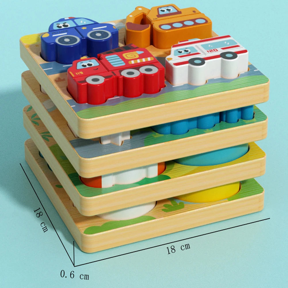 4-in-1 Wooden Animal Puzzle, Chunky 3D Educational Toy