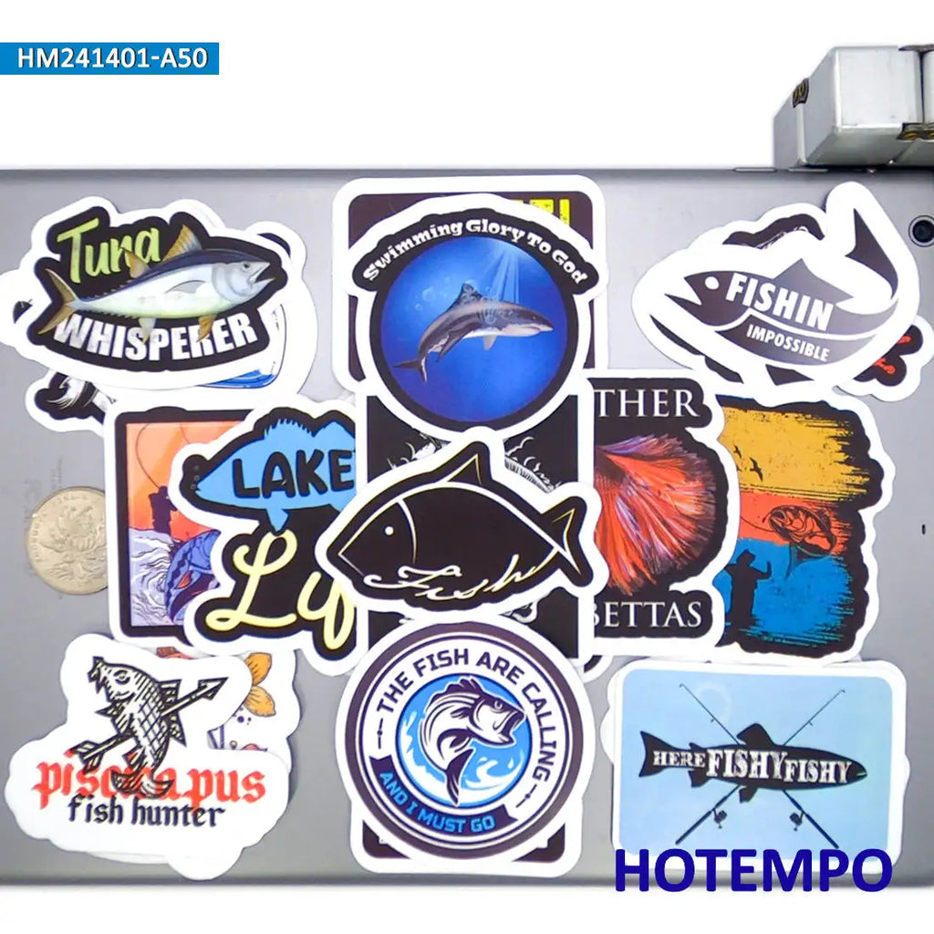 Funny Fishing Slogan Stickers, Waterproof 20-, 30-, or 50-Piece Sets