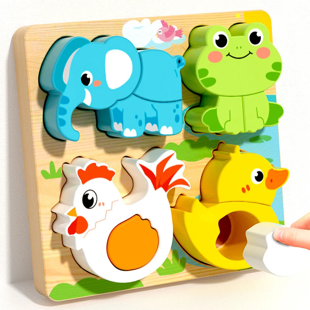 4-in-1 Wooden Animal Puzzle, Chunky 3D Educational Toy