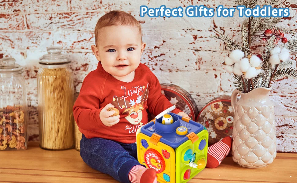 6 in 1 Baby Learning Activity Cube Busy Board Montessori Sensory Toys with Music & Lights for Boy Girl Toddler Educational Toys