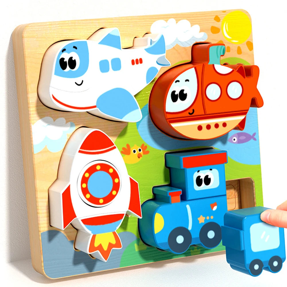 4-in-1 Wooden Animal Puzzle, Chunky 3D Educational Toy