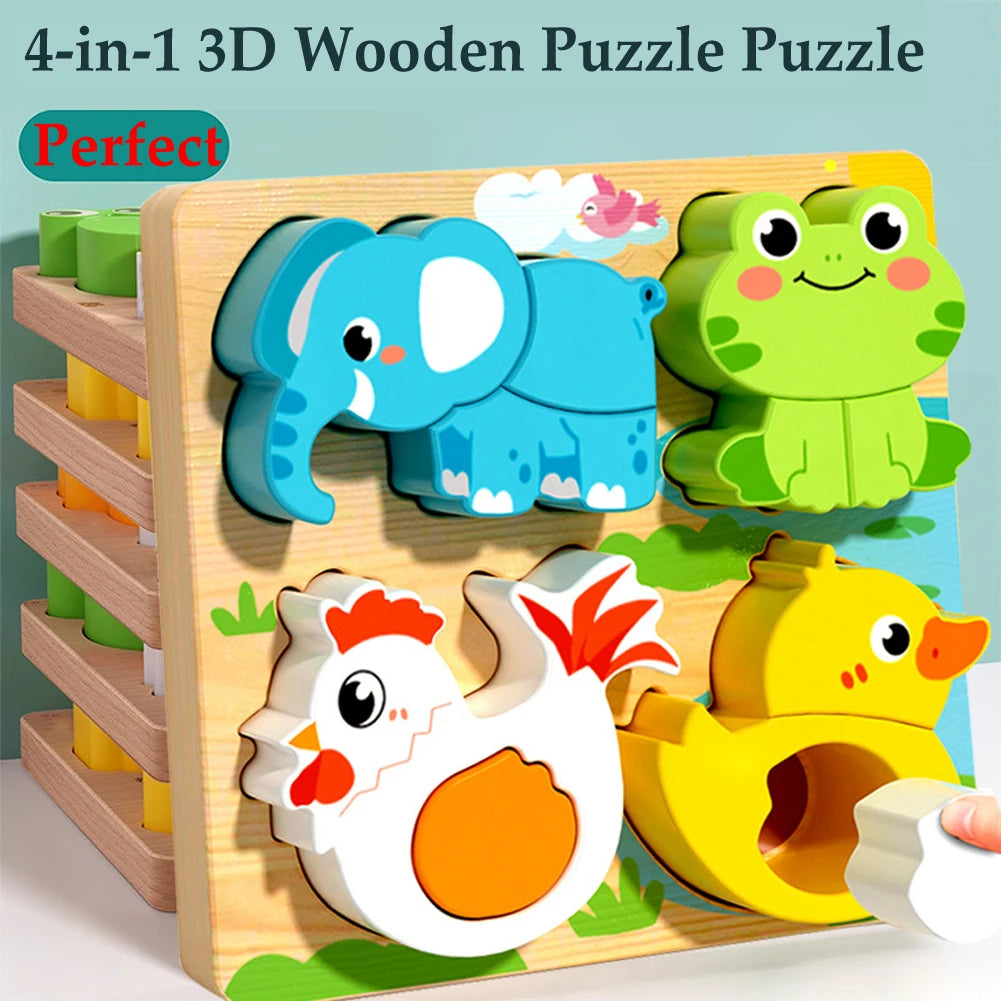 4-in-1 Wooden Animal Puzzle, Chunky 3D Educational Toy