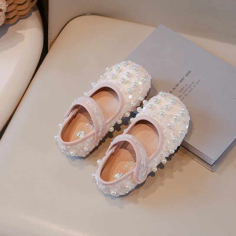 Girls' Dance Flats with Pearl Detail, Non-Slip Soft Sole