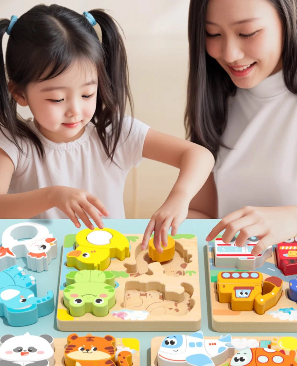 4-in-1 Wooden Animal Puzzle, Chunky 3D Educational Toy