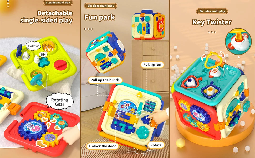 6 in 1 Baby Learning Activity Cube Busy Board Montessori Sensory Toys with Music & Lights for Boy Girl Toddler Educational Toys
