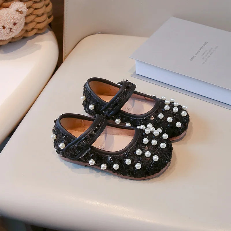 Girls' Dance Flats with Pearl Detail, Non-Slip Soft Sole