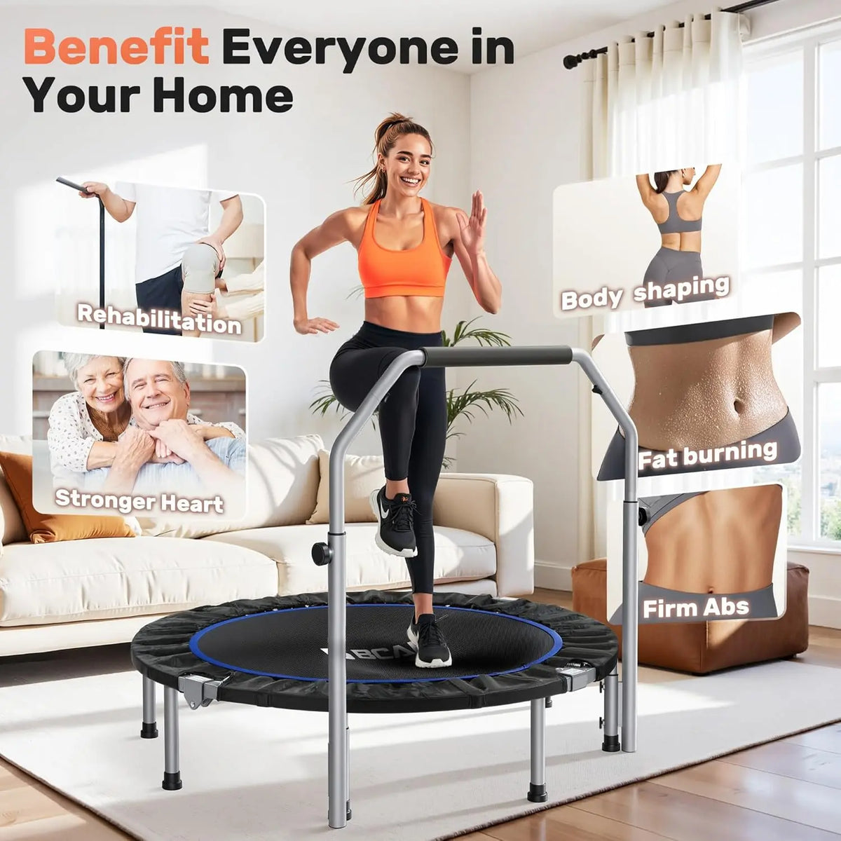 Foldable Mini Trampoline Rebounder with Adjustable Handle, 40 or 48 in