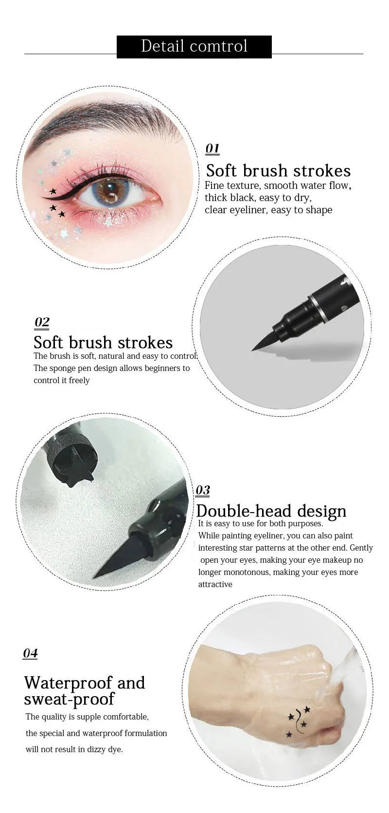 Double-Ended Stamp Eyeliner Pen Waterproof Star Heart Triangle Seal Eye Liner Extension Eye Corner Tail Makeup Quick-Drying