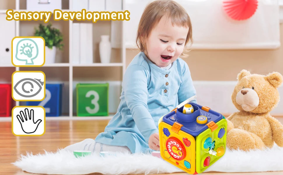6 in 1 Baby Learning Activity Cube Busy Board Montessori Sensory Toys with Music & Lights for Boy Girl Toddler Educational Toys