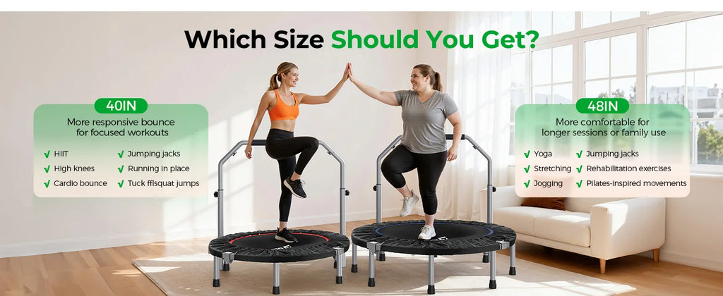 Foldable Mini Trampoline Rebounder with Adjustable Handle, 40 or 48 in