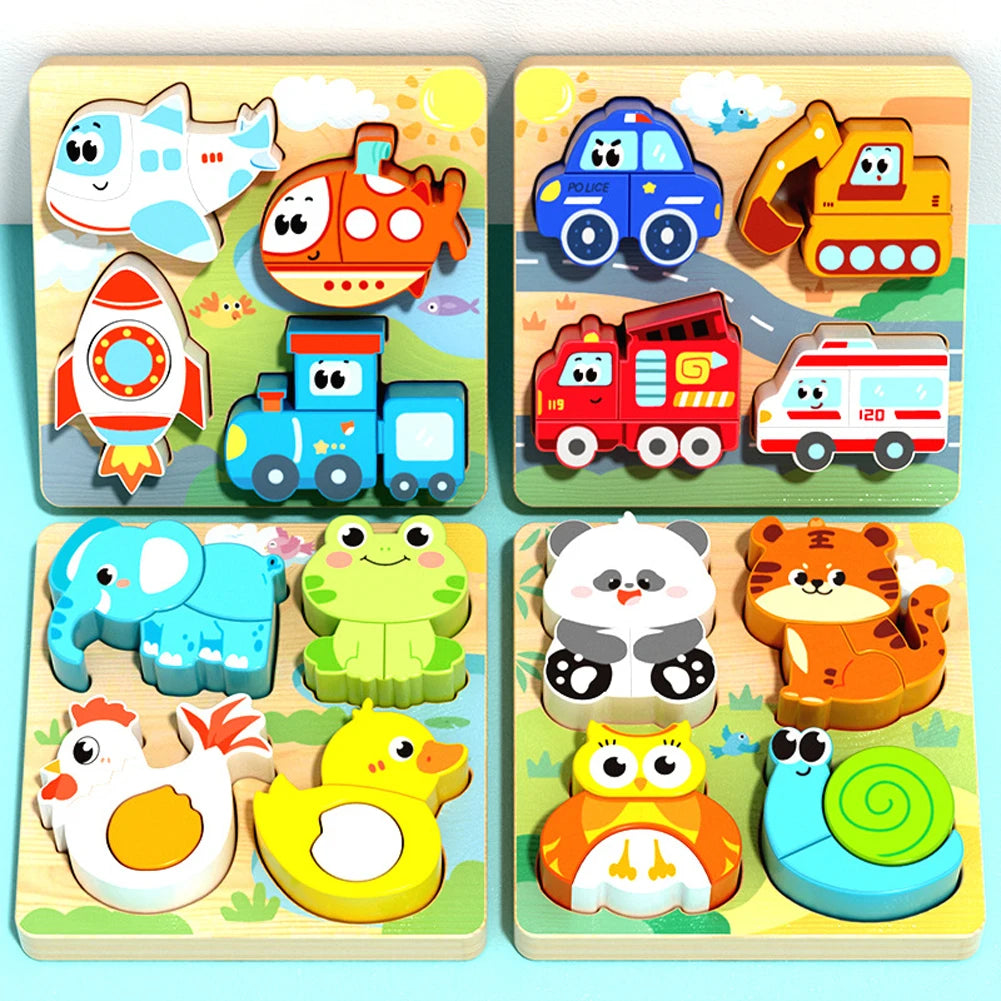 4-in-1 Wooden Animal Puzzle, Chunky 3D Educational Toy