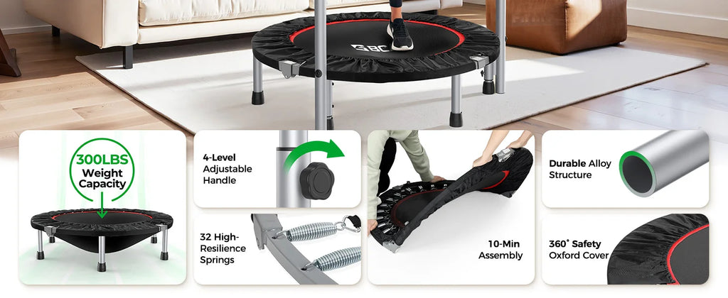 Foldable Mini Trampoline Rebounder with Adjustable Handle, 40 or 48 in